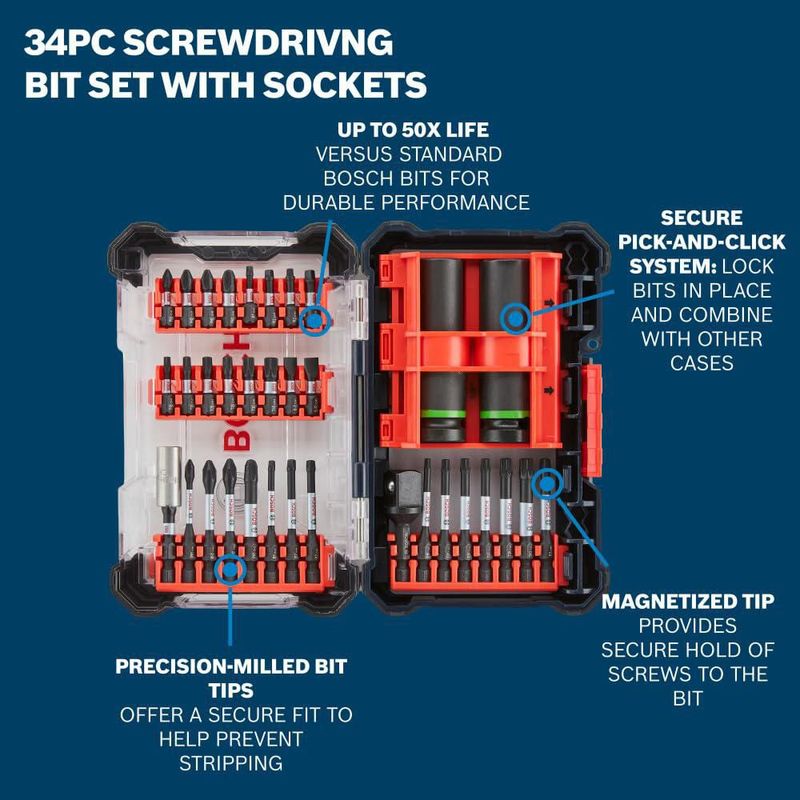 Juego de Bits Bosch 34 Piezas Phillips Torx y Cuadrado