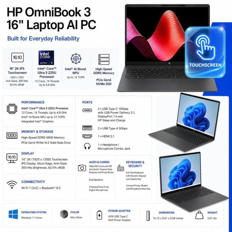 Portátil HP 41 cm Intel Ultra 5 8 GB 512 GB SSD táctil