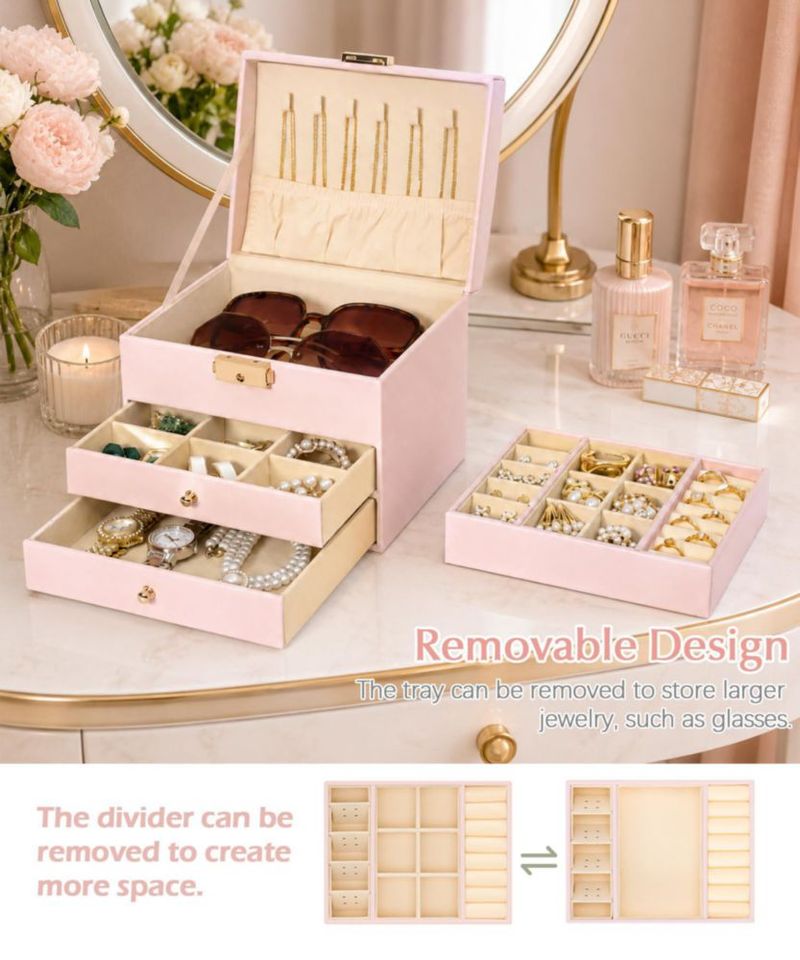 Caja de joyería Homde de 3 niveles con cierre tono nude beige