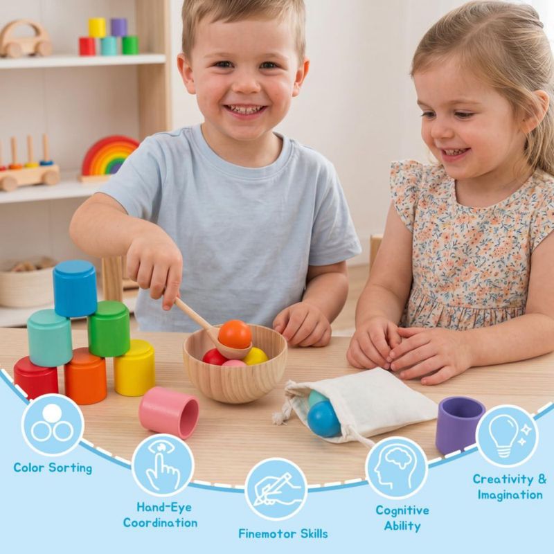 Juguetes Montessori WOODENFUN 45 mm Bolas Arcoíris en Tazas