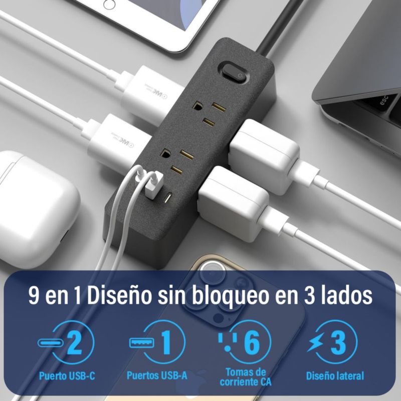 lemonsea Multicontacto Regleta Extension Electrica con Protector Supresor de Picos Voltaje, 1.8 M, Enchufe Plano, 6 Salidas, 3 U
