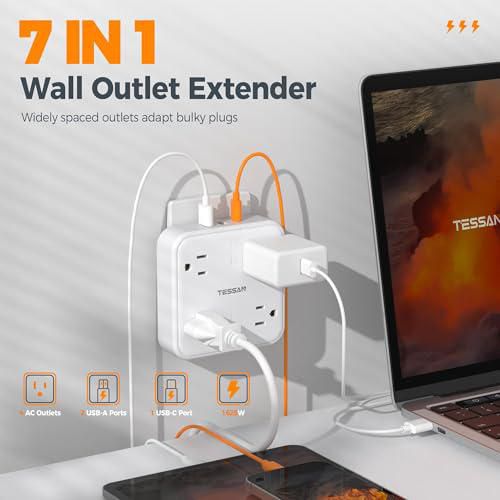 TESSAN Regleta Multicontacto Pared, Protector de Sobretensiones con 4 Enchufes de CA y 3 USB (1 USB C), Conector Multiple Outlet