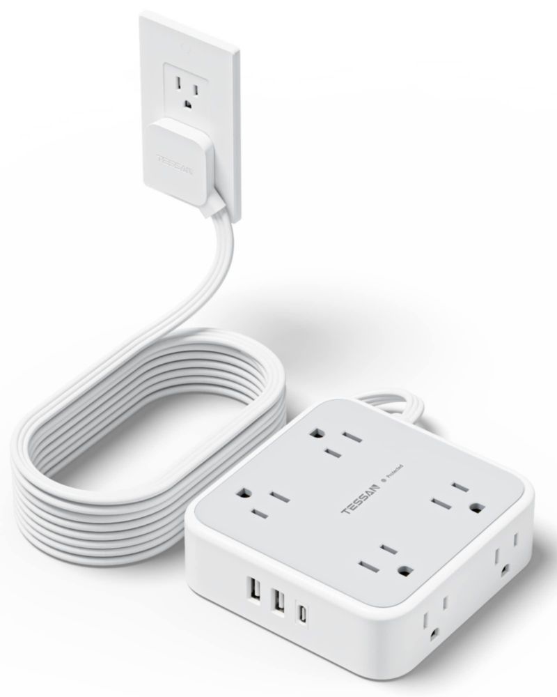 TESSAN Regleta Multicontacto Extension Electrica con Protector de Sobretensión, 4.5 M Plana Enchufe Extensión con 8 Salidas CA y