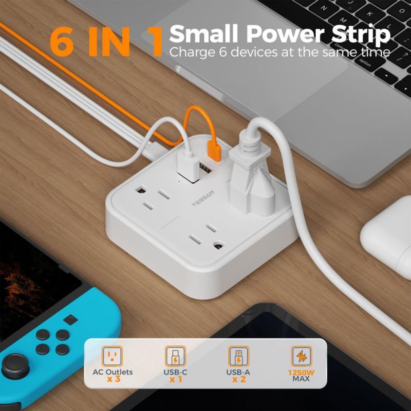 TESSAN Extension Electrica Plana, 1.5M Regleta Multicontacto Pared, Protector de Sobretensión con 3 Salidas CA y 3 USB (1 USB C)