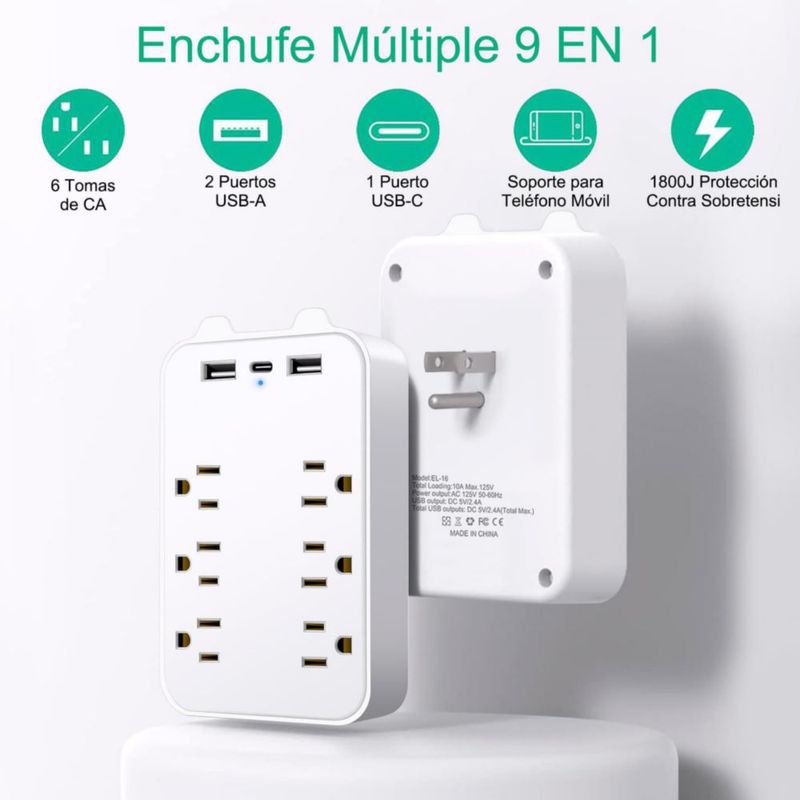 Multicontacto de Pared, Protector de Sobretensión de Pared con Extensor de 6 Tomas con 3 Puertos USB (1 USB-C), Regleta Multicon
