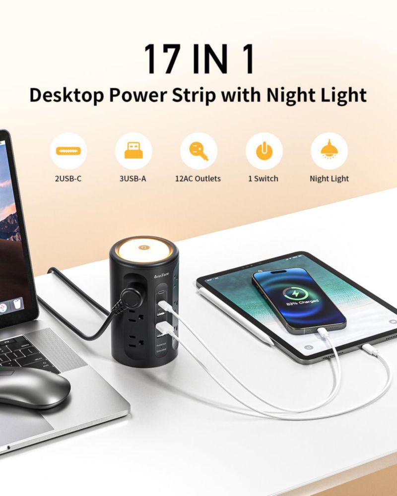 AnnTane Torre de Regletas con Luz Nocturna, Regleta Protectora contra Sobretensiones con Puertos USB,10 FT Cable de Extensión co