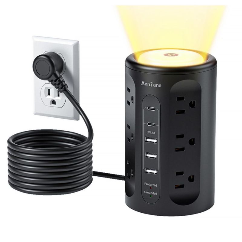 AnnTane Torre de Regletas con Luz Nocturna, Regleta Protectora contra Sobretensiones con Puertos USB,10 FT Cable de Extensión co