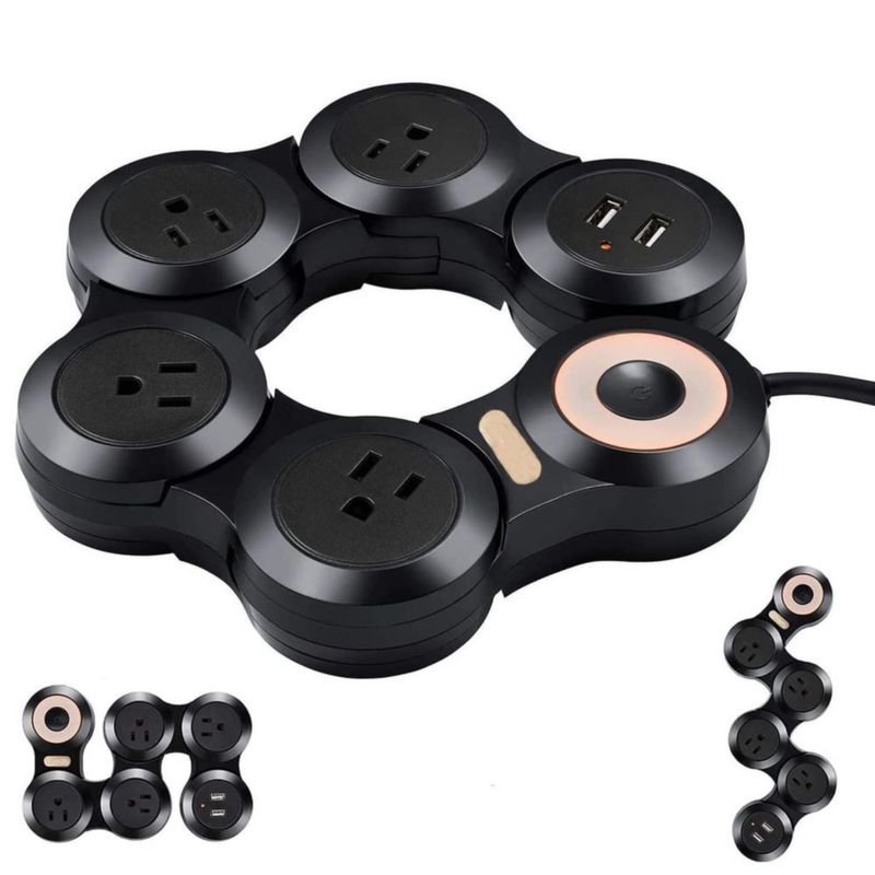 ALBERTO Tira de alimentación,Regleta Multicontacto Plegable USB con 2 Puertos USB (5 V/2,4 A) y 4 Salidas (2500 W/10 A), Plegabl