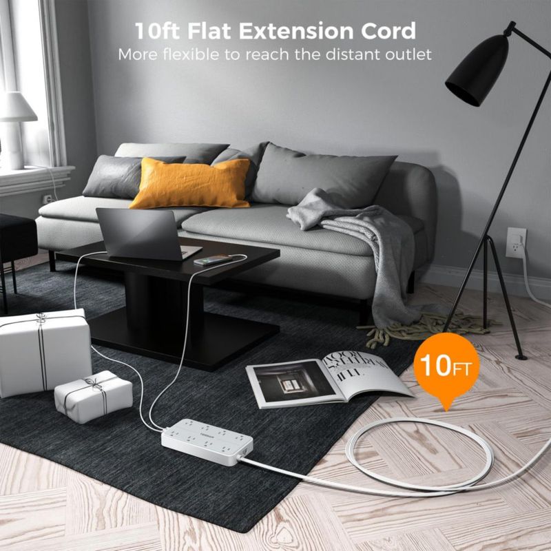 TESSAN Extension Electrica, 3 M Regleta Multicontacto con Protector de Sobretensión, Conector Multiple Enchufe con 8 Salidas CA