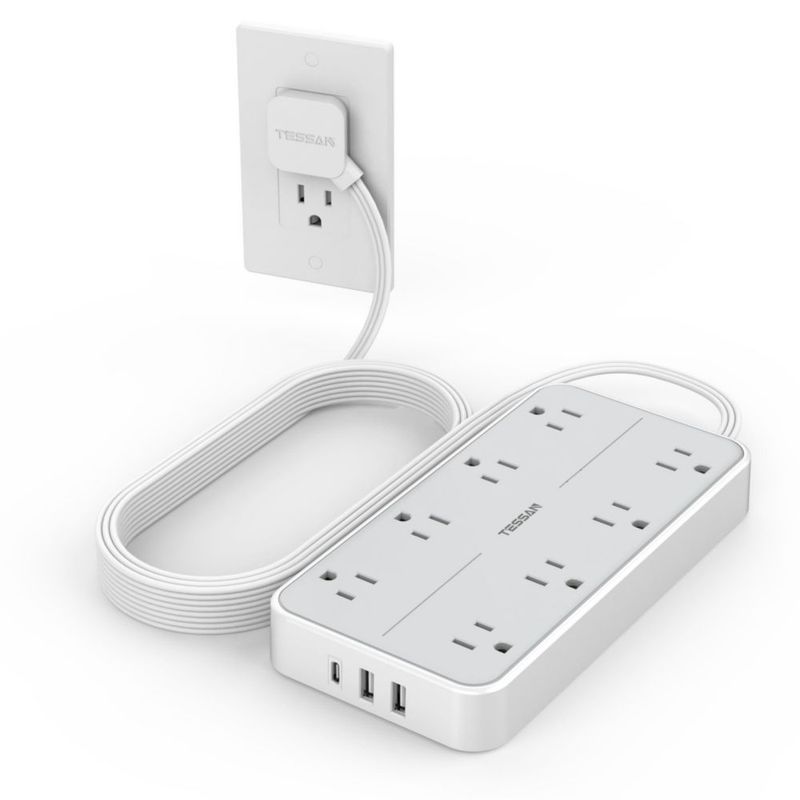 TESSAN Extension Electrica, 3 M Regleta Multicontacto con Protector de Sobretensión, Conector Multiple Enchufe con 8 Salidas CA