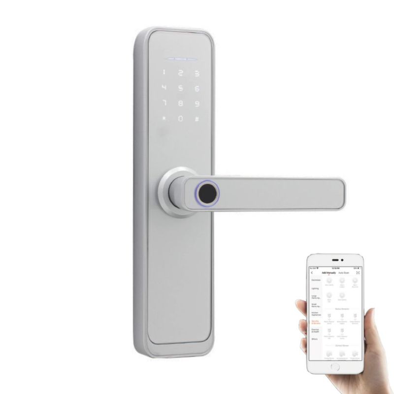 TASO CERRADURA INTELIGENTE (PLATA) Con 5 métodos de apertura, huella digital, clave numérica, tarjeta RFID, por medio del celula