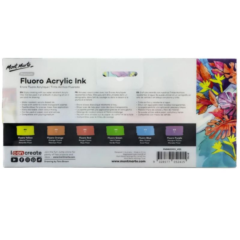 Tinta Acrílica Mont Marte 6 uds x 20 ml Colores Fluorescentes