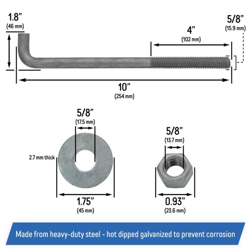 Tornillos de anclaje A.A 5/8" x 25 cm galvanizados (paquete de 10)