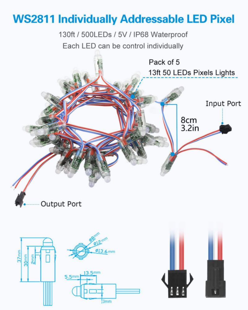 LED Pixels ALITOVE 500 piezas WS2811 12 mm RGB IP68 5 V