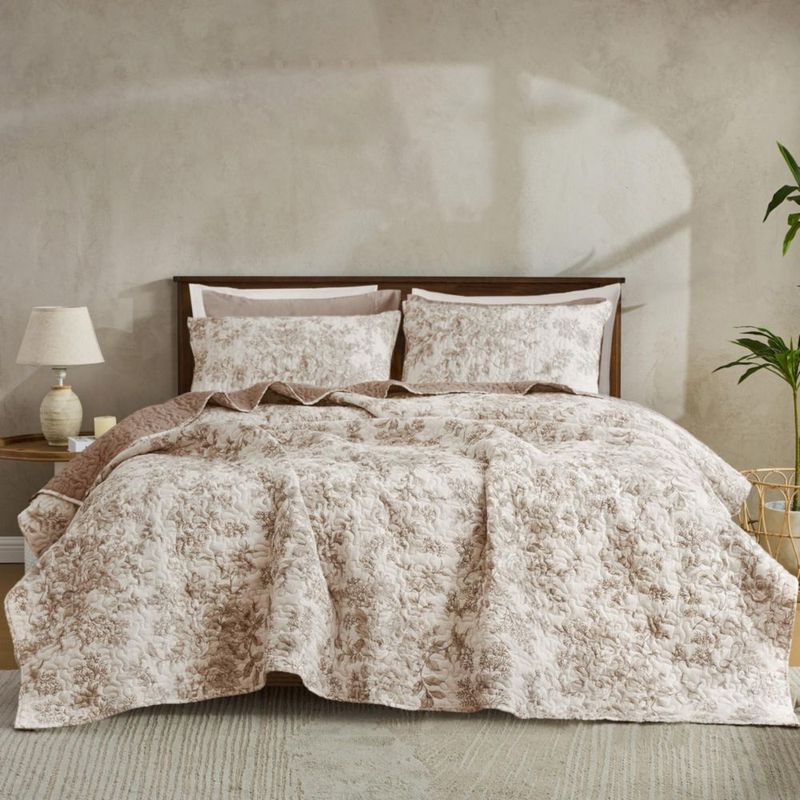 Juego de edredón Wonderful Queen 229 cm gris topo con estampado floral 3 piezas