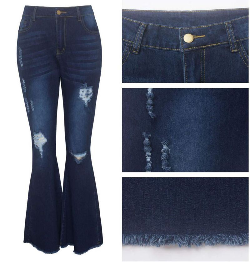 Pantalones Vaqueros SeNight de Campana con Roturas y Cintura Elástica