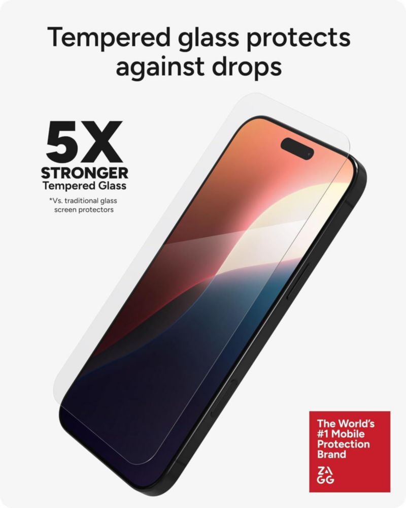 Protector de pantalla ZAGG para iPhone 15/16 – Vidrio 5X más resistente
