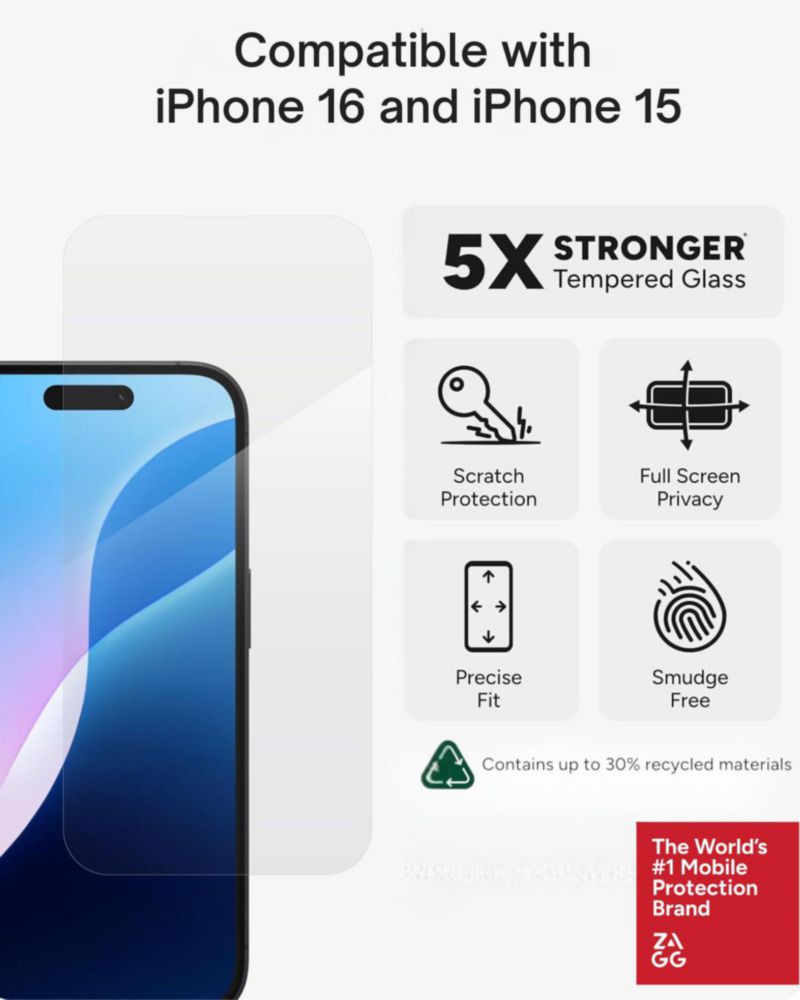 Protector de pantalla ZAGG para iPhone 15/16 – Vidrio 5X más resistente