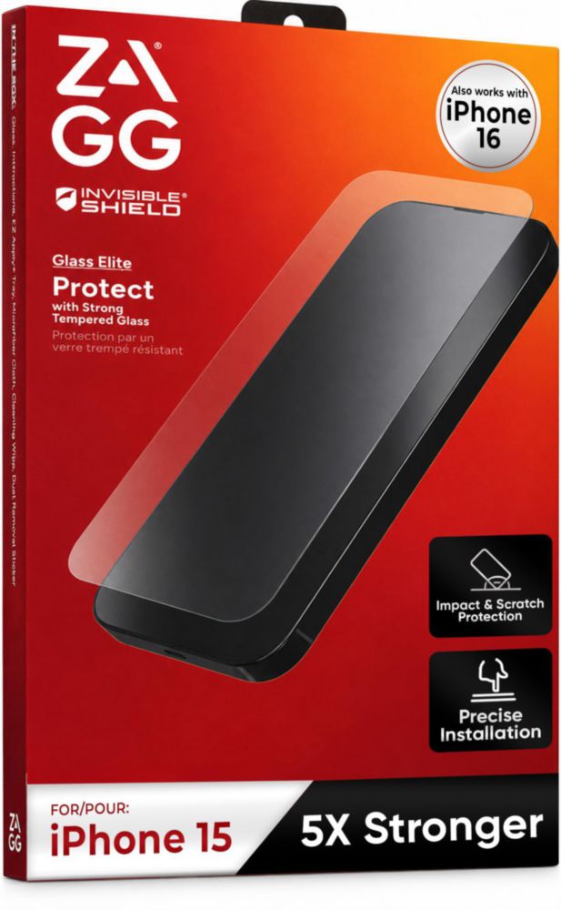 Protector de pantalla ZAGG para iPhone 15/16 – Vidrio 5X más resistente