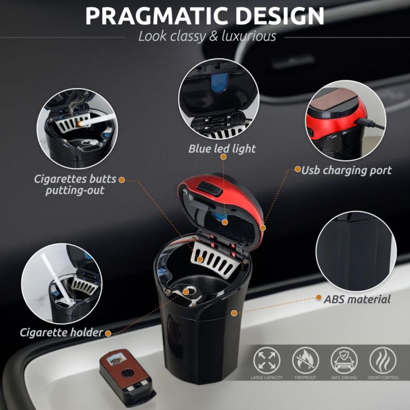 Cenicero para coche TAKAVU LED y encendedor rojo desmontable