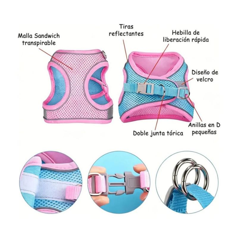 Pechera Arnés Correa Para Perros Y Gatos Muy Cómoda 2 Pzs Rosa -Azul