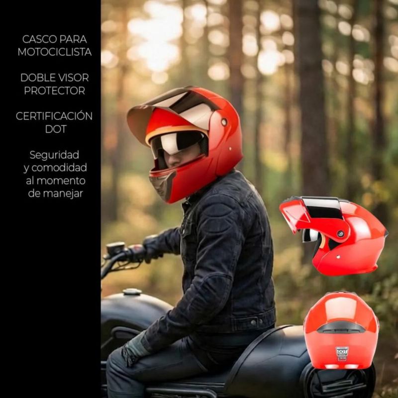 Casco Abatible Plegable Gafas Certificado Protección Rojo