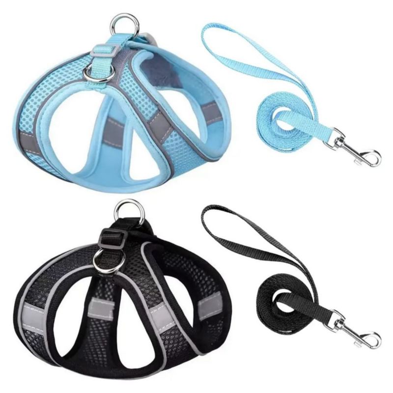 Pechera Arnés Correa Para Perros Y Gatos Muy Cómoda 2 Pzs Negro-Azul
