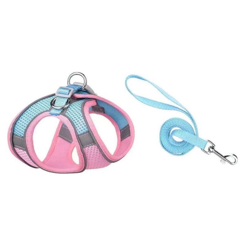 Pechera Arnés Correa Para Perros Y Gatos Muy Cómoda 2 Pzs Rosa -Azul