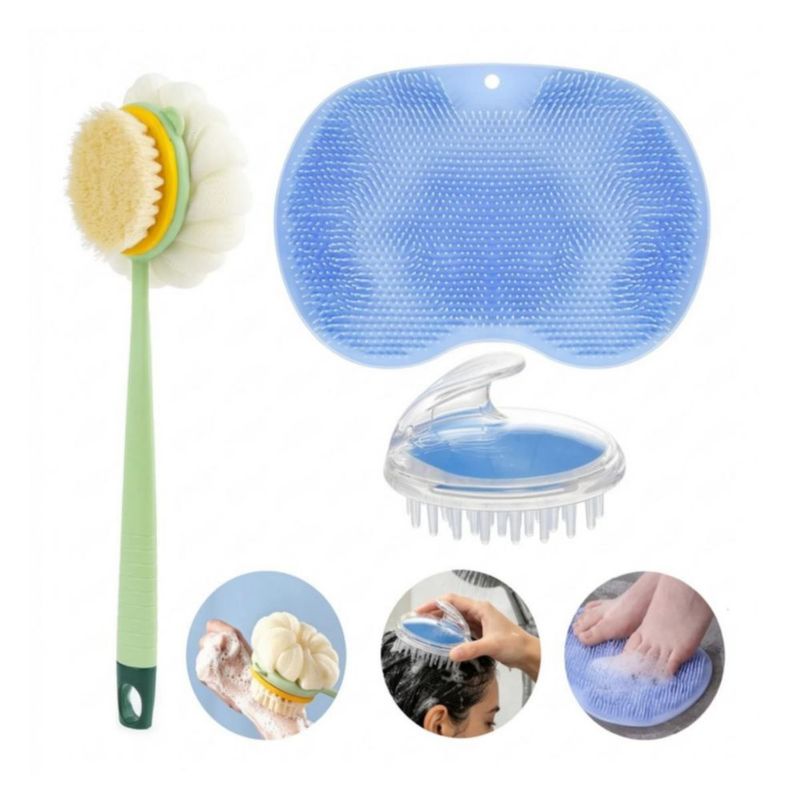 Kit Cepillo Ducha Cepillo Masajeador Capilar Tapete Baño Azul