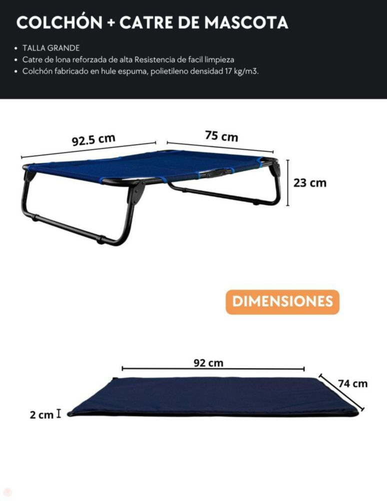 KIT Catre/Cama + Colchoneta Pegaso para Mascotas Grande. Modelo KIT KM-GD Azul Marino.