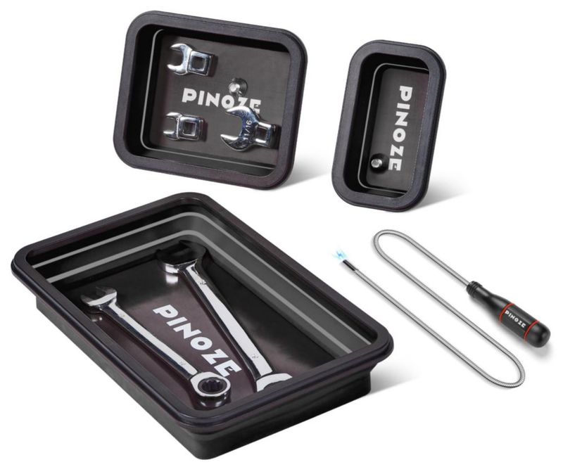 Organizador de Piezas Pinoze Plegable 3 Bandejas Magnéticas + Herramienta de Recogida Flexible