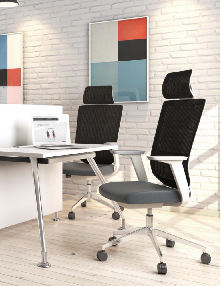 Offiho Silla Ejecutiva Ergonómica de Oficina con Malla Gris, Cabecera, Mecanismo Anti-Shock, Asiento Slider y Brazos 4D (Soporta 120kg)