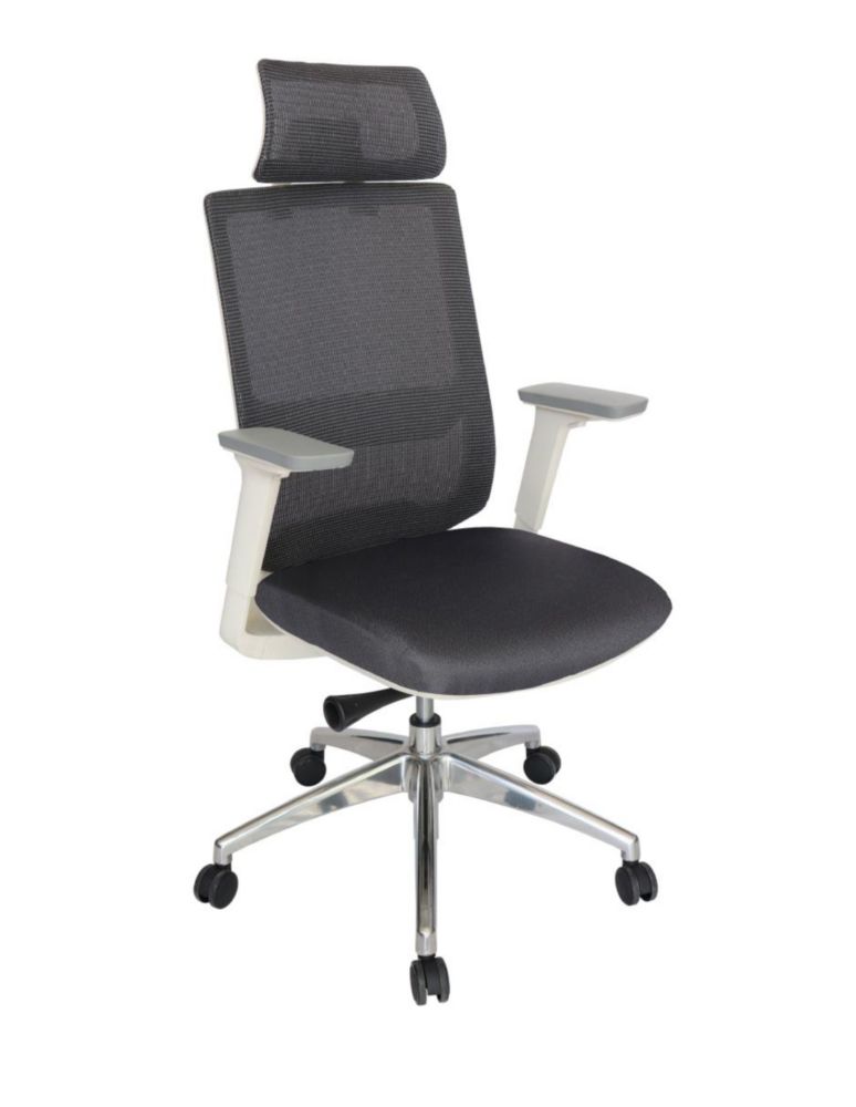 Offiho Silla Ejecutiva Ergonómica de Oficina con Malla Gris, Cabecera, Mecanismo Anti-Shock, Asiento Slider y Brazos 4D (Soporta 120kg)