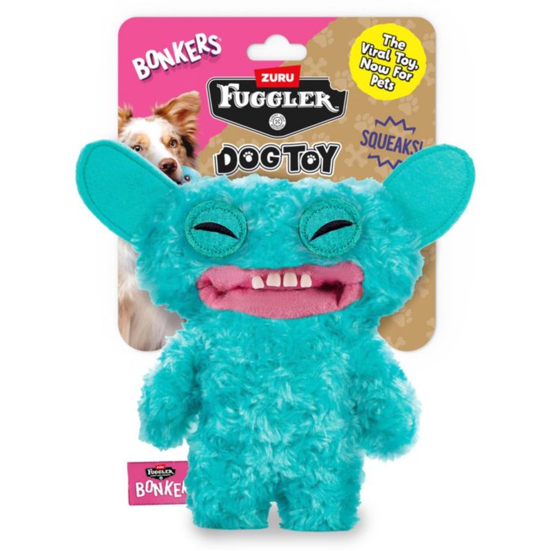Juguete para perro BONKERS Fuggler Grin 20 cm azul con chirrido y peluche