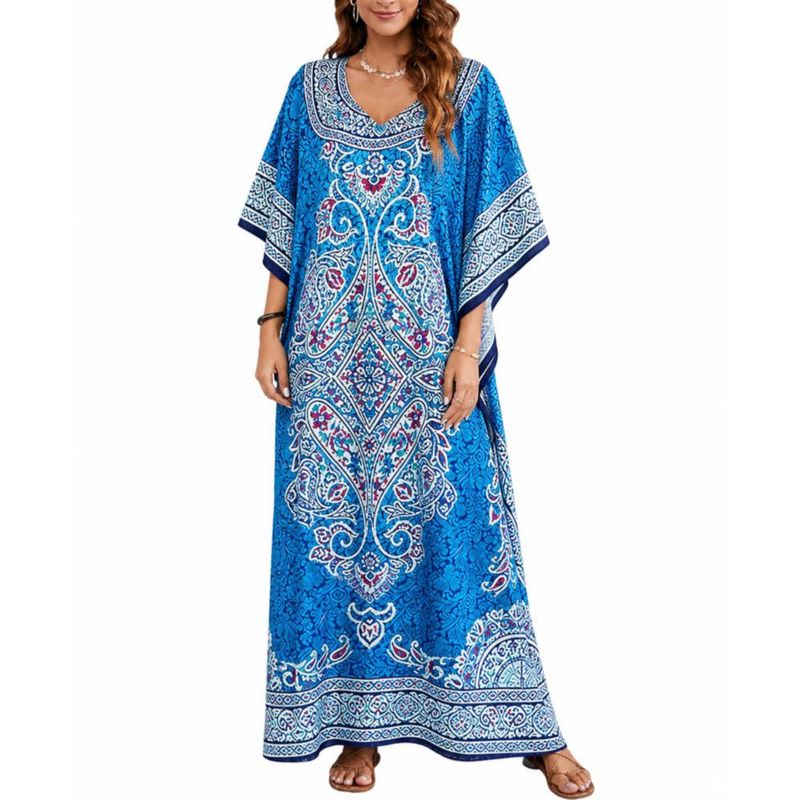 Vestido Caftán Goood Times Azul Floral Maxi Talla Grande