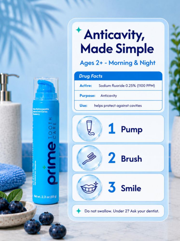 Pasta dental Prime Tooth Care 65 g sabor arándano con flúor