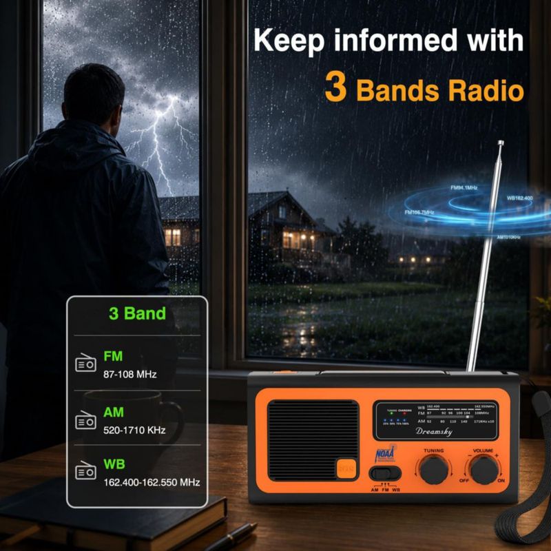 Radio DreamSky NOAA de Emergencia con Manivela y Energía Solar