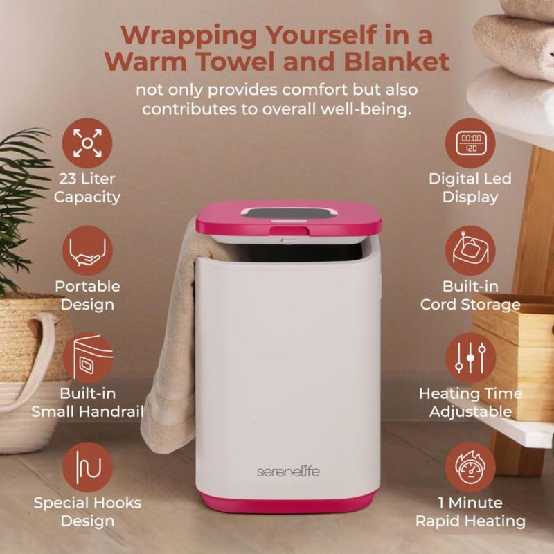 Calentador de Toallas SereneLife 31 cm Rosa con Pantalla LED