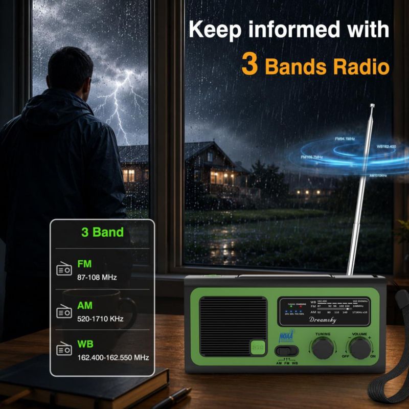 Radio DreamSky NOAA con Manivela y Carga Solar - Alerta Meteorológica