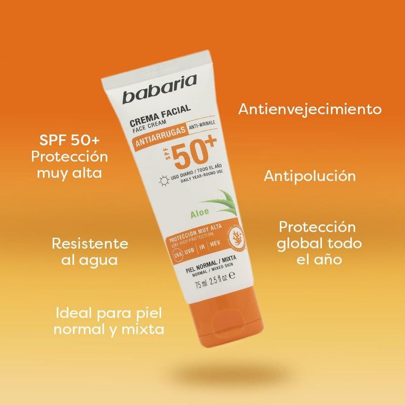 Protector solar facial Babaria Aloe Vera SPF50+ 75 ml UVA/UVB
