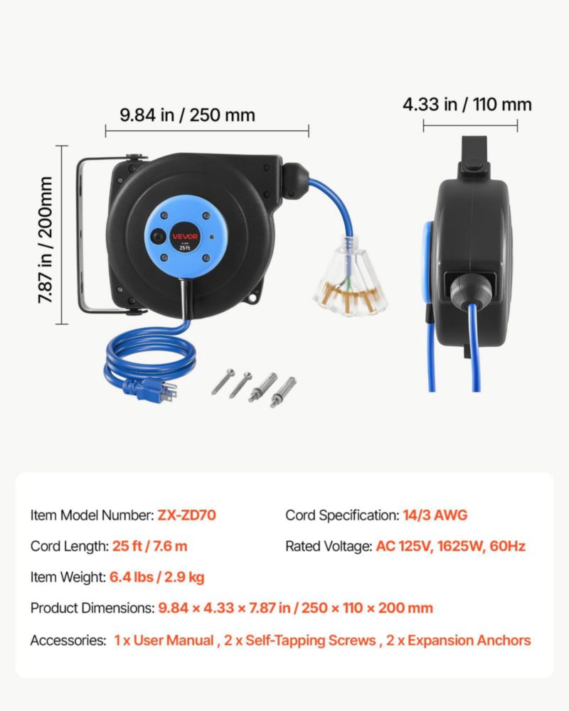 Bobina de cable extensible VEVOR 76 m 14 AWG/3C azul