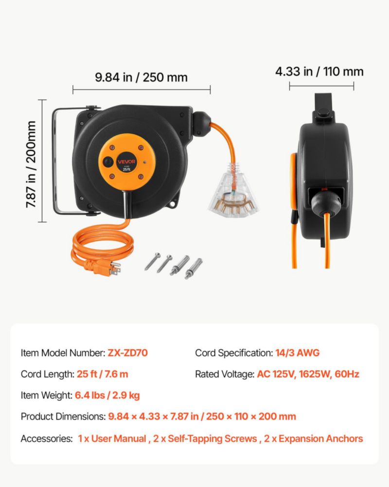 Carrete de Cable Extensible VEVOR 76 m 14AWG/3C Naranja