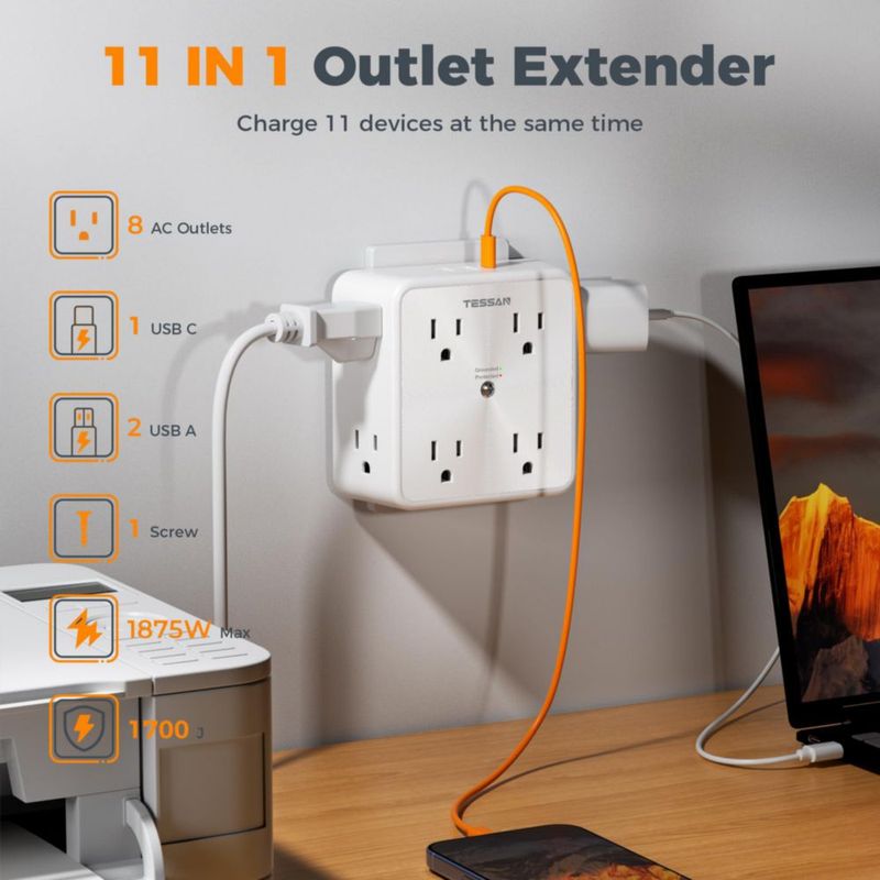 Regleta TESSAN 11 en 1 PD 20W USB‑C 1700J