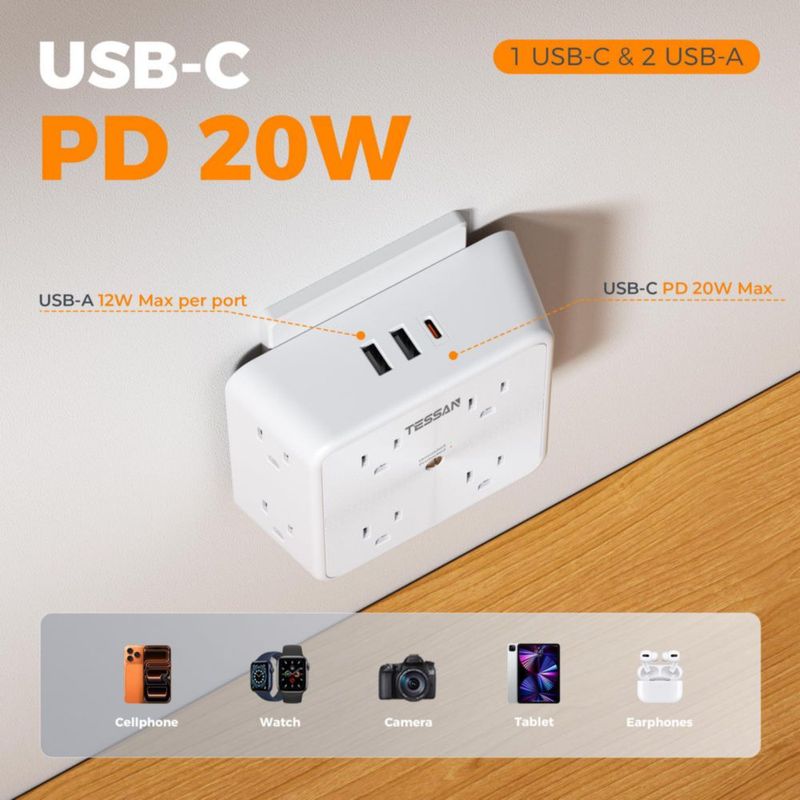 Regleta TESSAN 11 en 1 PD 20W USB‑C 1700J