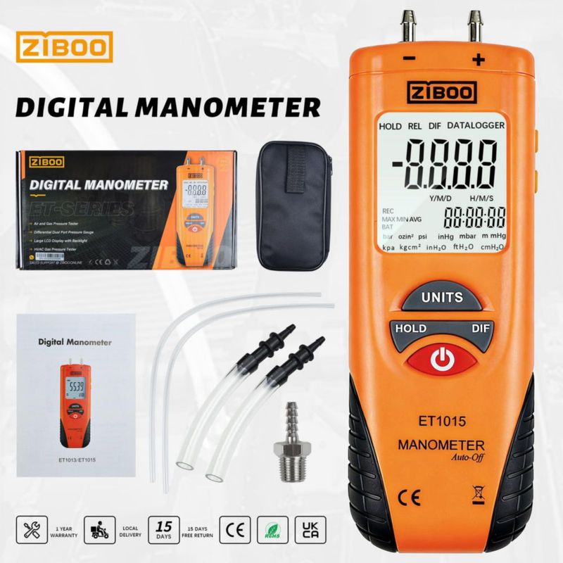 Manómetro ZIBOO ET1015 ±100 PSI Doble Puerto LCD