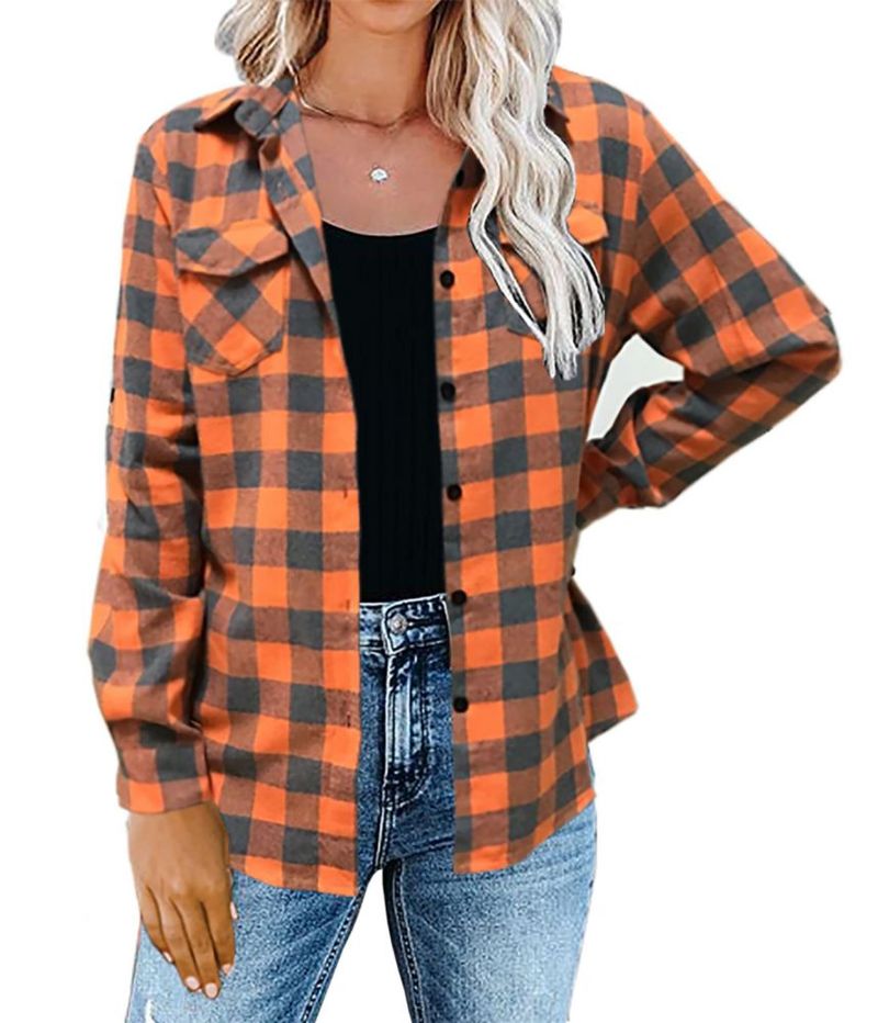 Camisa Oyamiki de manga larga a cuadros naranja talla M