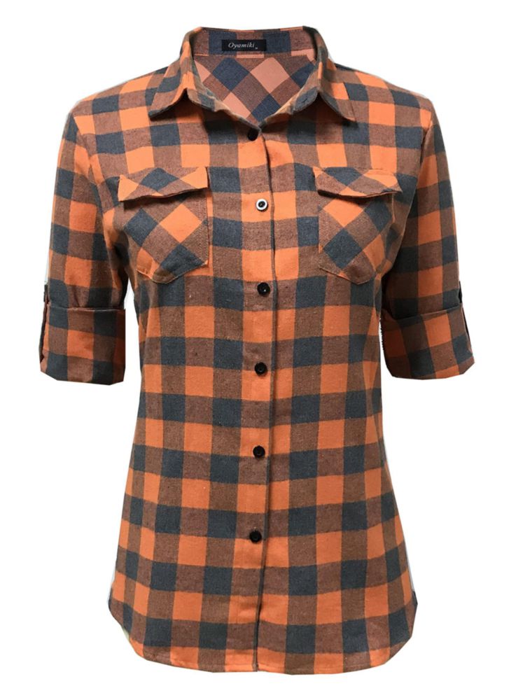 Camisa Oyamiki de manga larga a cuadros naranja talla M