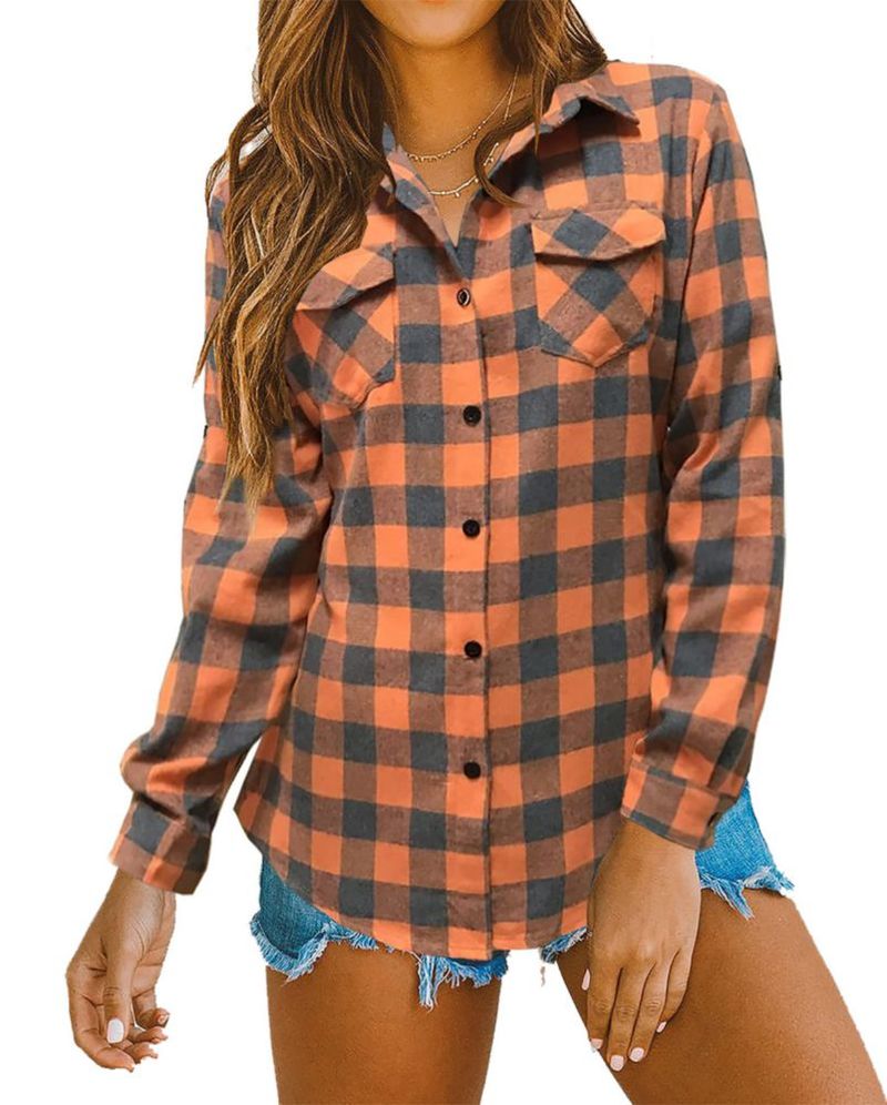 Camisa Oyamiki de manga larga a cuadros naranja talla M