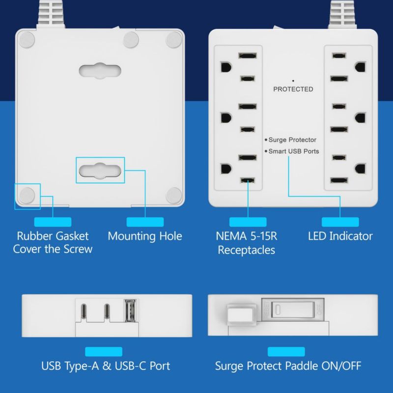 Regleta Extensora LIDER 6 Tomas + USB-C/A Enchufe Plano Inclinado