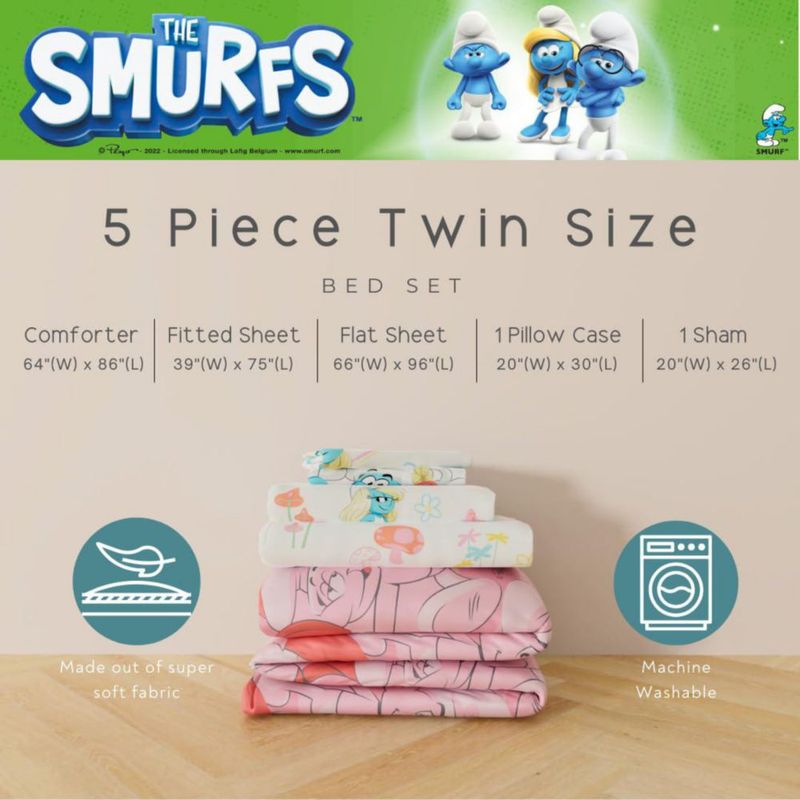 Juego de cama Franco Pitufina tamaño individual 5 piezas microfibra rosa